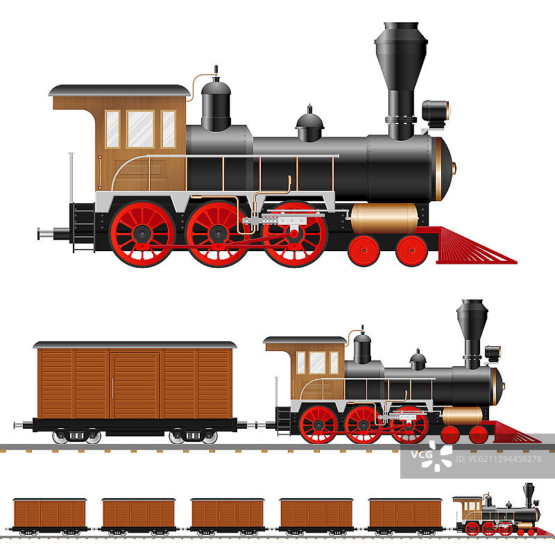 老式蒸汽机车和车厢图片素材