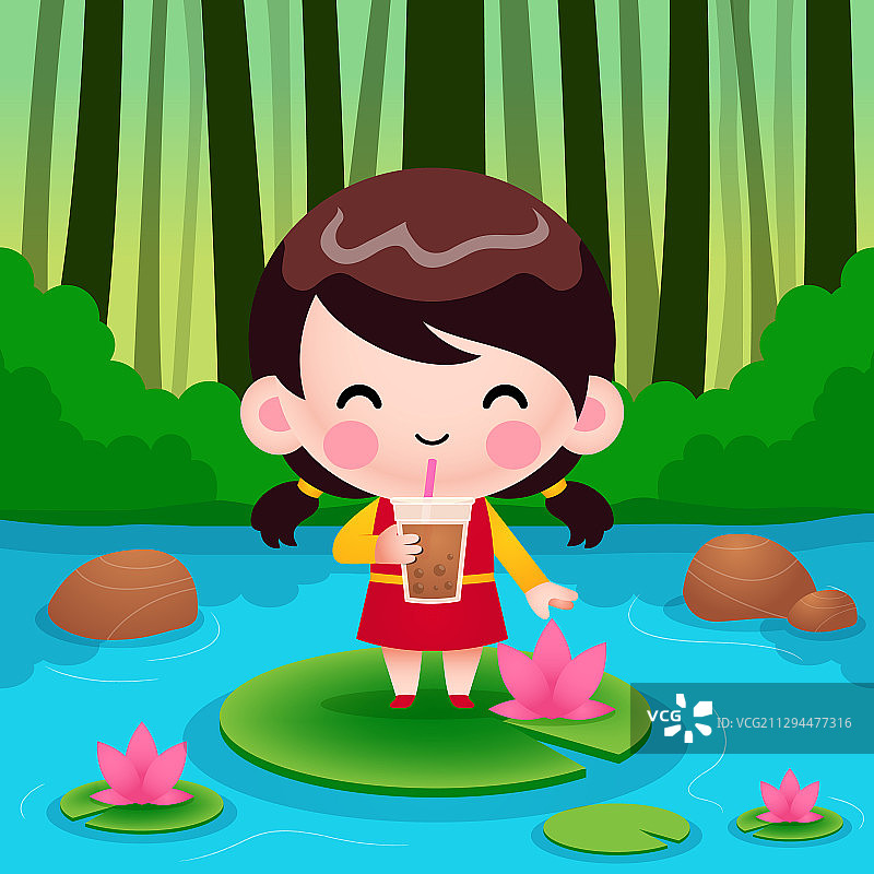 卡通可爱小女孩喝奶茶图片素材