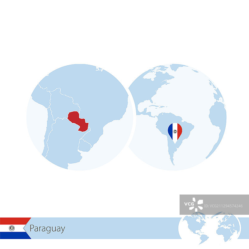 带有旗帜和区域的世界地球仪上的巴拉圭图片素材