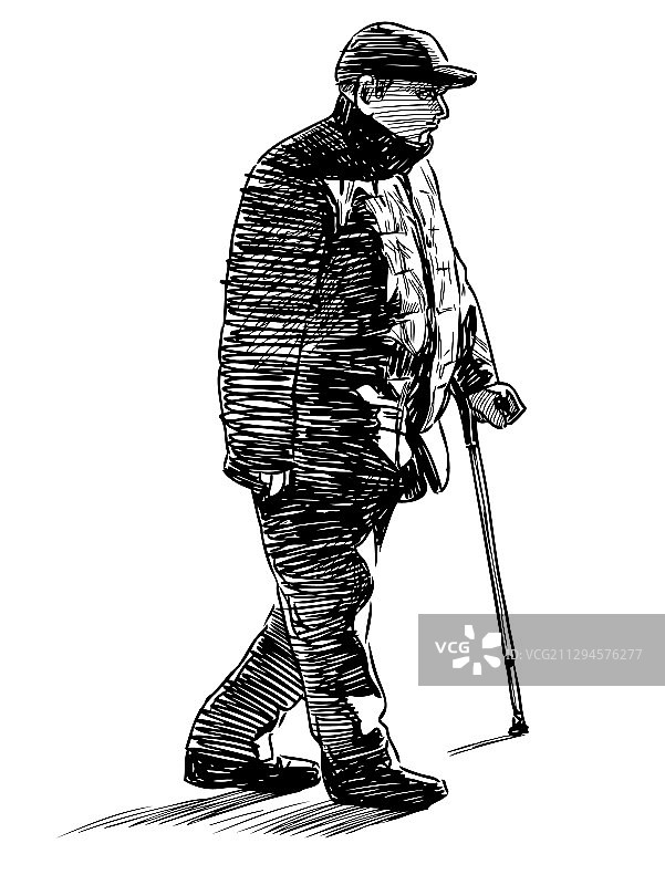 老人拄着拐杖走路素描图片素材