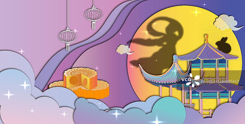 中秋节新中式剪纸风嫦娥奔月剪影横版无字图片素材
