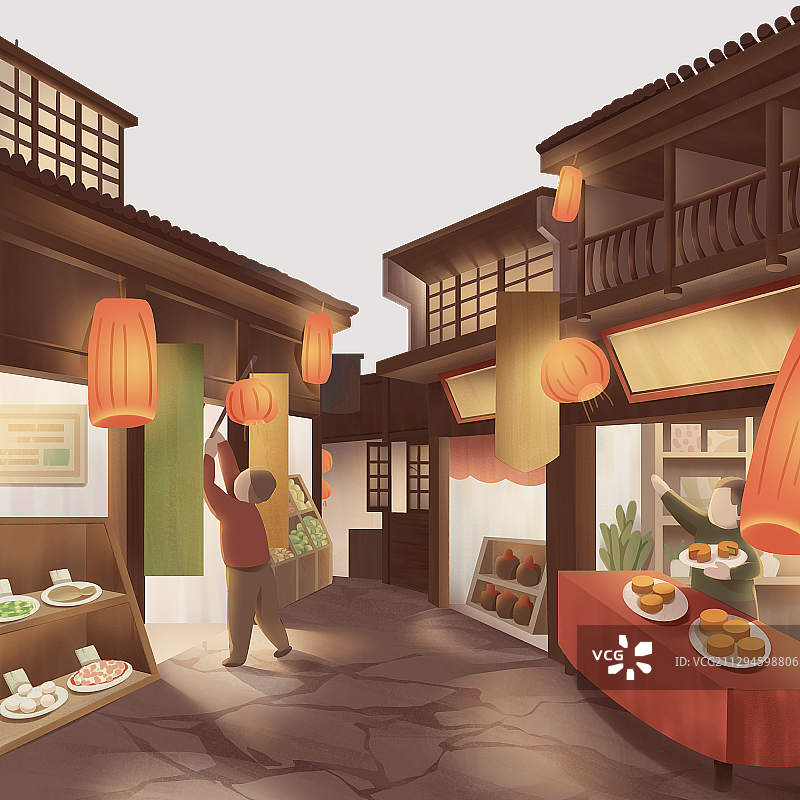 中国风民国古镇街道中秋插画图片素材