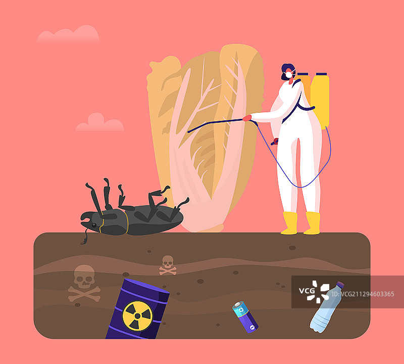 身穿防护服和戴口罩的女性角色喷洒图片素材