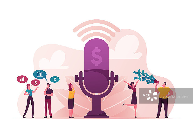 一群人站在巨大的麦克风旁图片素材