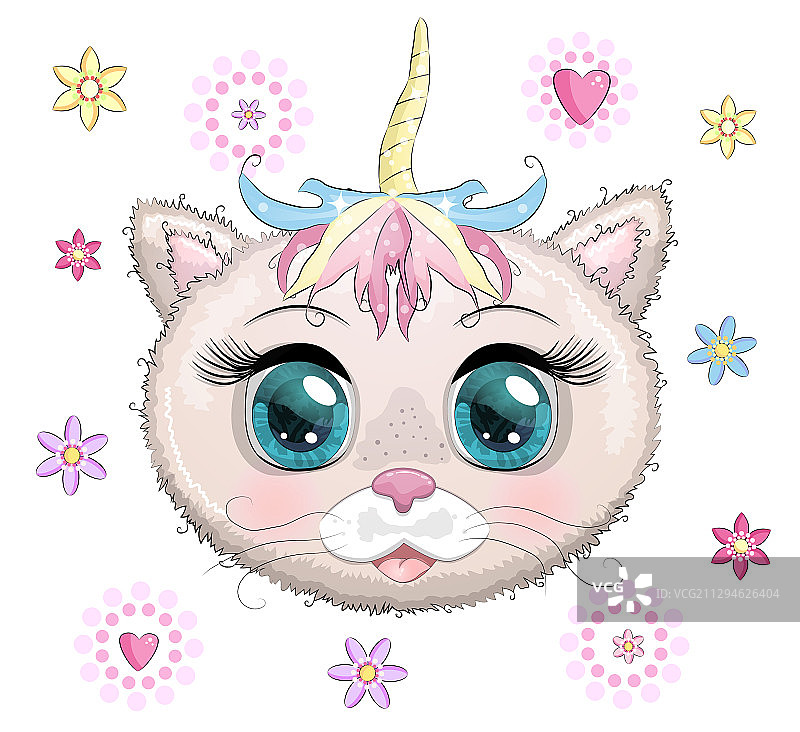 花朵上的可爱卡通粉色小猫脸图片素材