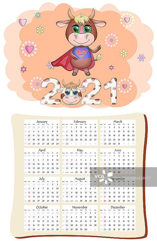 带白色牛图案的2021年日历或计划表图片素材