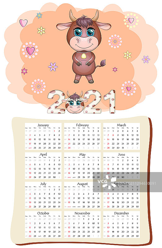 带白色牛图案的2021年日历或计划表图片素材