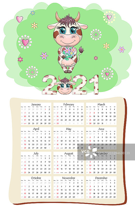 带白色牛图案的2021年日历或计划表图片素材