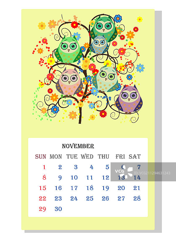 2021年可爱猫头鹰小鸟月历图片素材