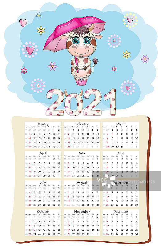 带白色牛图案的2021年日历或计划表图片素材