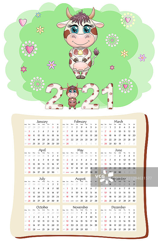 带白色牛图案的2021年日历或计划表图片素材
