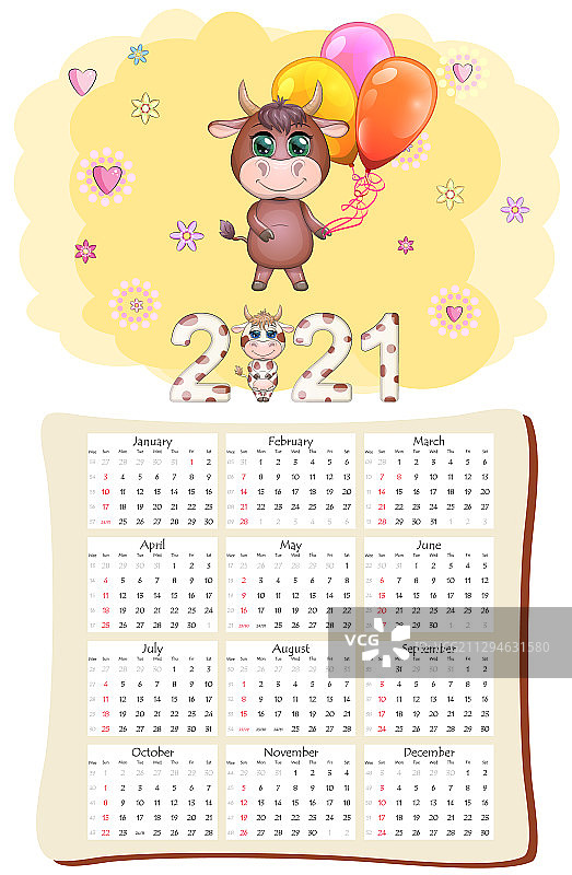 带白色牛图案的2021年日历或计划表图片素材