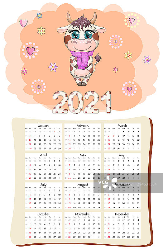 带白色牛图案的2021年日历或计划表图片素材