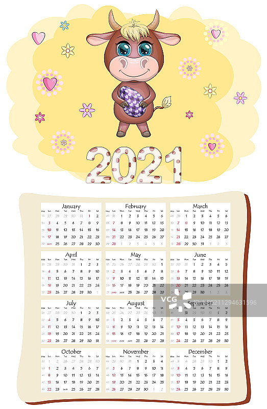 带白色牛图案的2021年日历或计划表图片素材