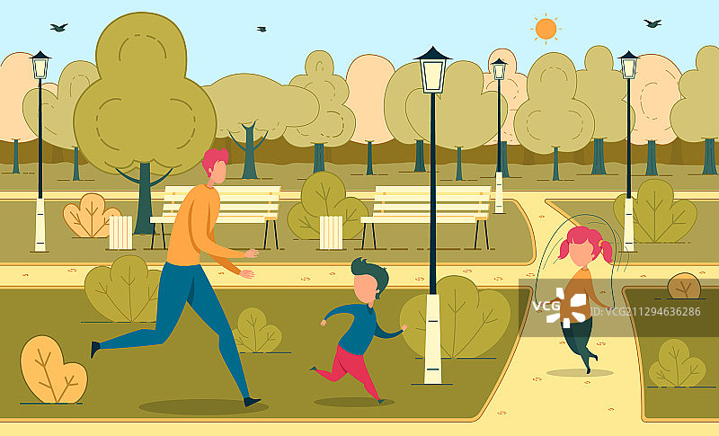 父亲和孩子们在城市绿色公园休息图片素材