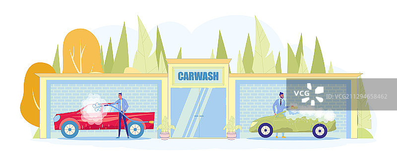 两名男子用肥皂海绵水管洗车图片素材