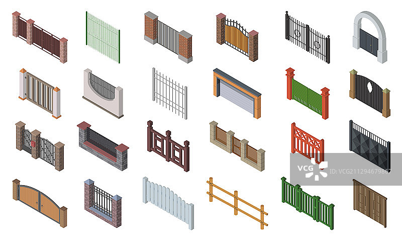 栅栏门等距图标集图片素材