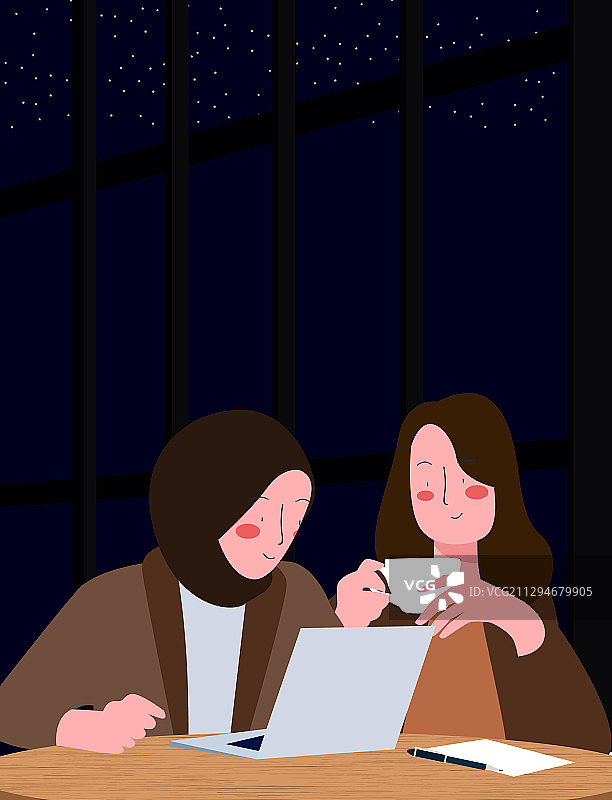 戴头巾的穆斯林女性坐在笔记本电脑前图片素材