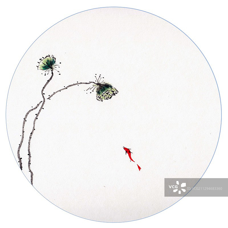 水墨莲蓬与红色小鱼图片素材