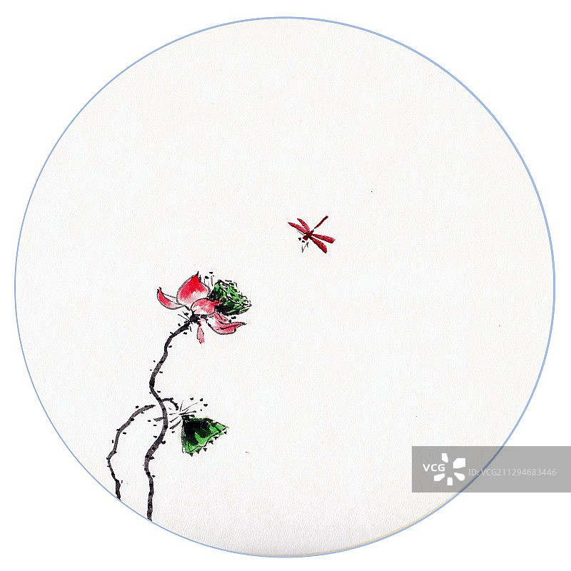 水墨荷花与蜻蜓插画图片素材