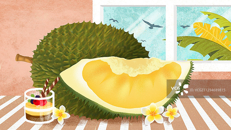 热带水果榴莲和西式甜点图片素材