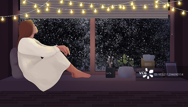 下雪的冬天和坐在床边看雪的女孩图片素材