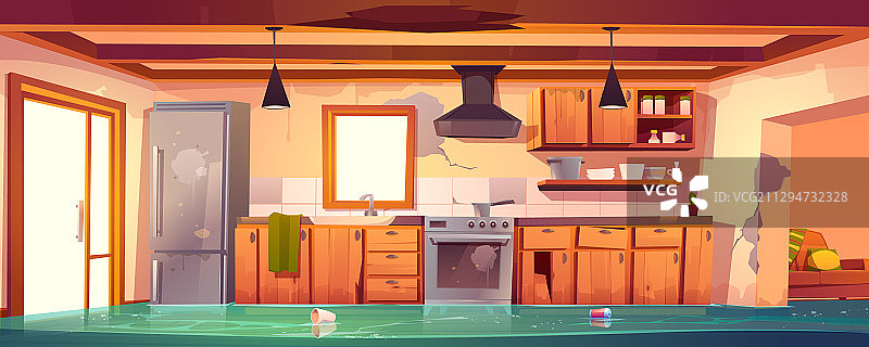 被洪水淹没的乡村厨房废弃内景图片素材