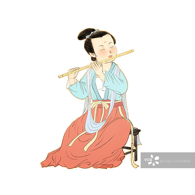 夜宴歌女吹笛儿童插画图片素材