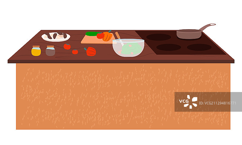 带有炉灶、厨具和蔬菜的桌子图片素材