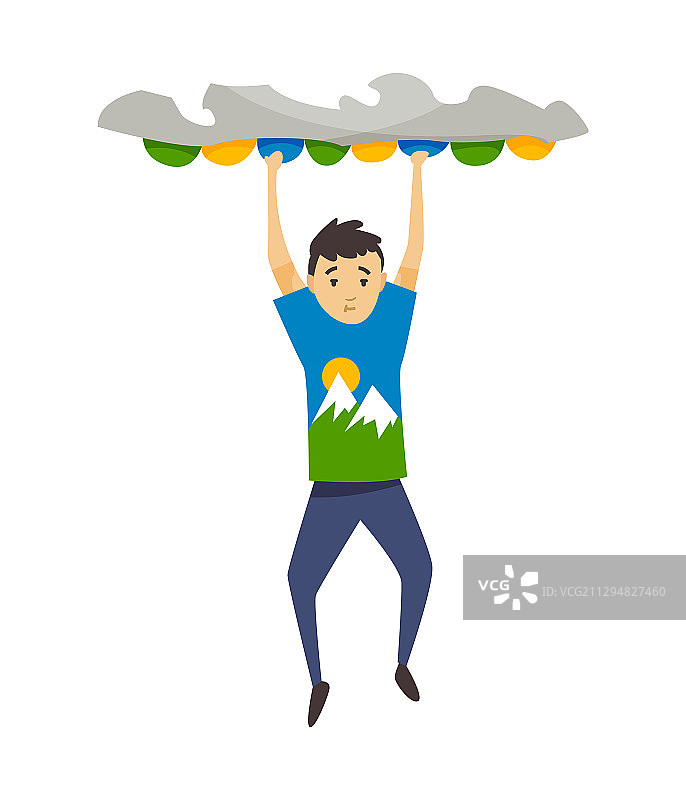 男孩徒手攀登岩山图片素材