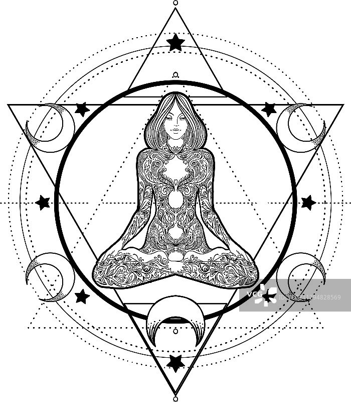 坐在莲花姿势中的华丽剪影女人图片素材