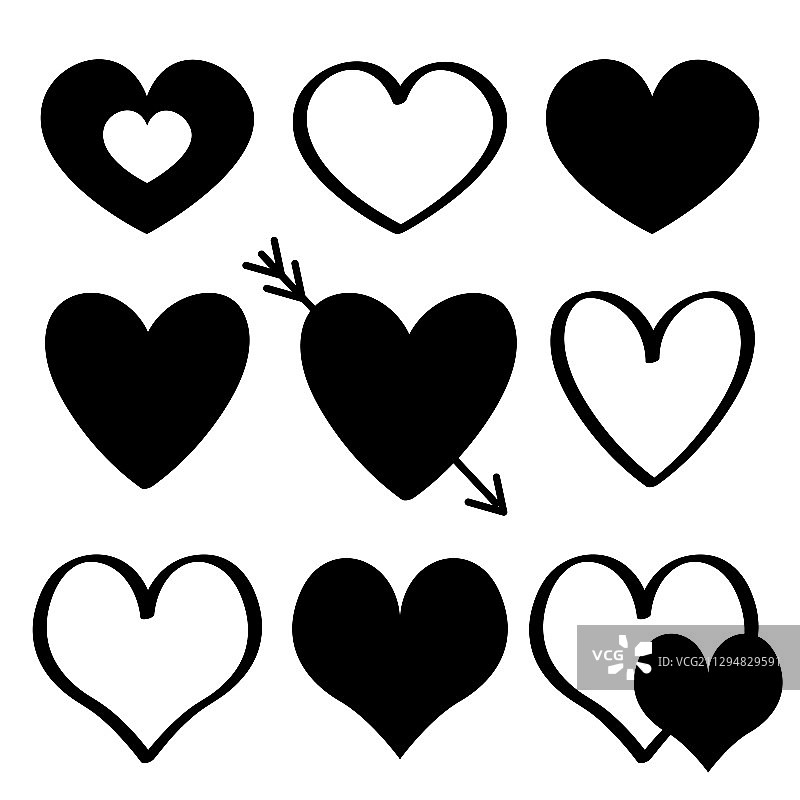 黑色心形轮廓图标集，不同形状图片素材