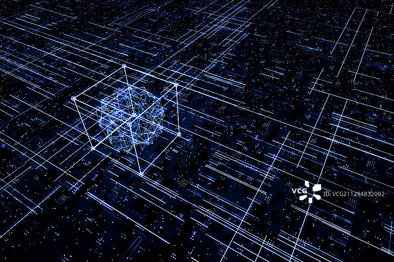 虚拟数字世界的矩形和球，三维图形图片素材