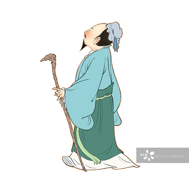 悠然望南山老人拄拐杖散步复古儿童插画图片素材