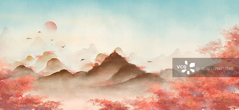 秋天的枫林古典水墨山水画图片素材