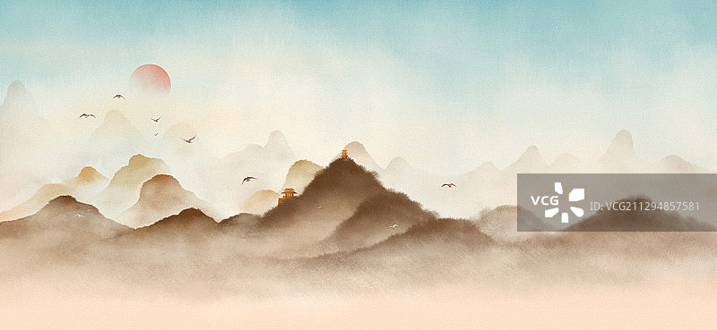 棕色古典水墨山水画图片素材