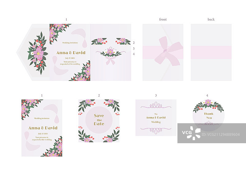 精美的复古婚礼套装与可爱的花朵图片素材