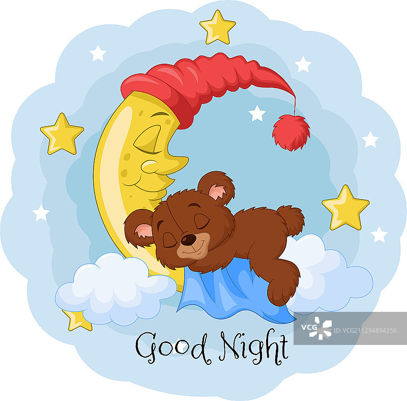 卡通泰迪熊在月亮上睡觉图片素材