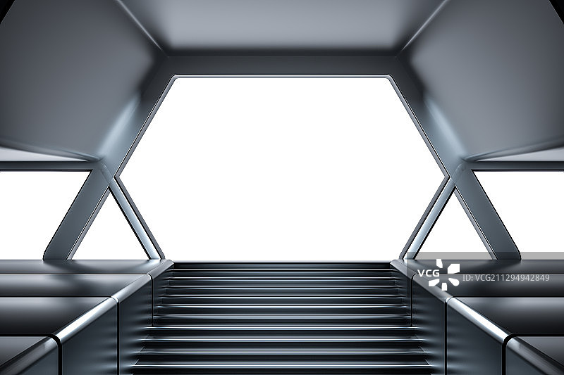 通往多边形窗户的楼梯室内空间，三维图形图片素材