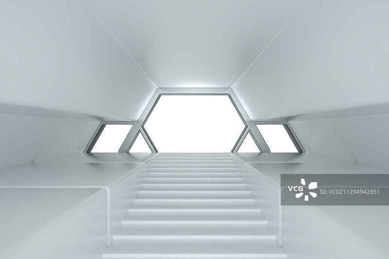 通往多边形窗户的楼梯室内空间，三维图形图片素材