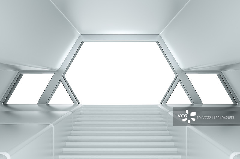 通往多边形窗户的楼梯室内空间，三维图形图片素材