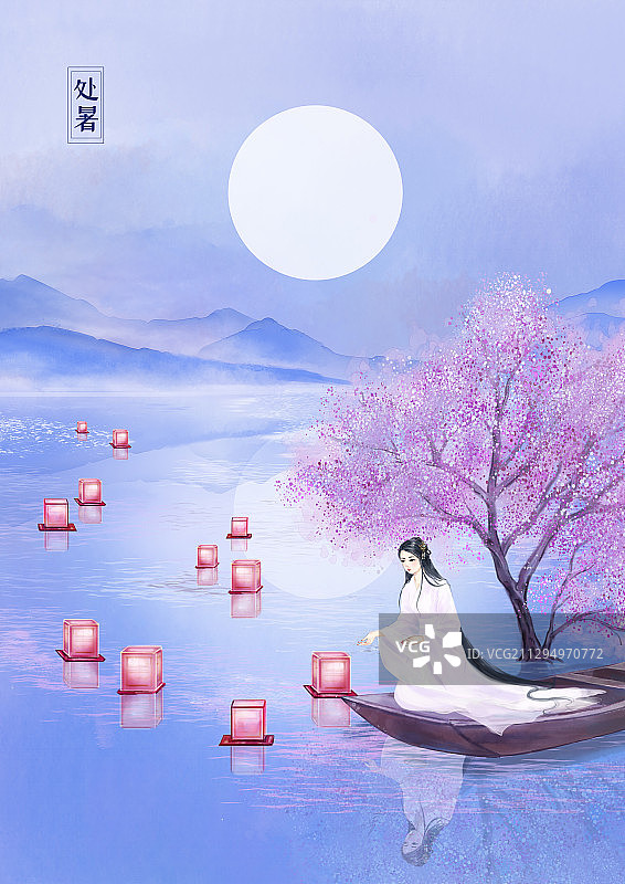 手绘中国风小清新水彩风格山水风景插画图片素材