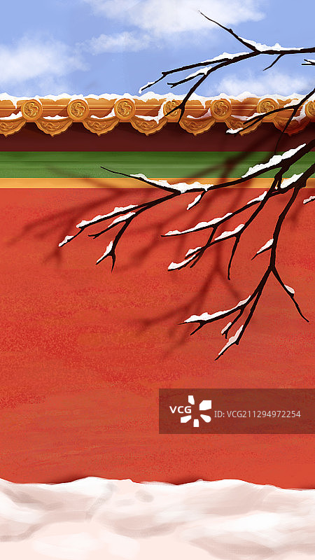 冬天故宫红墙前的有积雪的树枝条图片素材