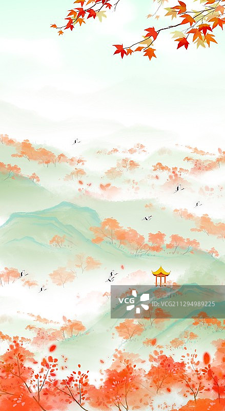 秋季节气水墨中国画雁荡山秋色图片素材
