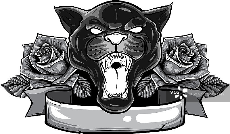 单色黑豹蛇玫瑰纹身图案图片素材