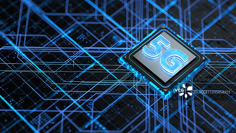 三维制作的芯片和5G立体字和发散的线条及粒子图片素材