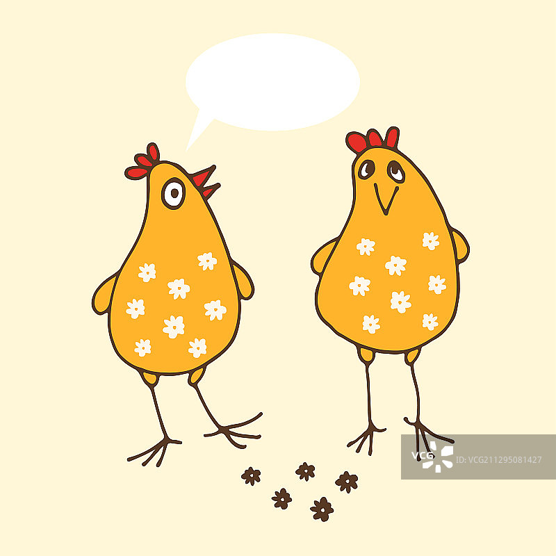 两个有趣的母鸡卡通小鸡与语音气泡图片素材