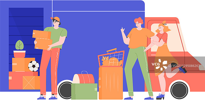 幸福的一家，带着猫和行李在卡车旁图片素材