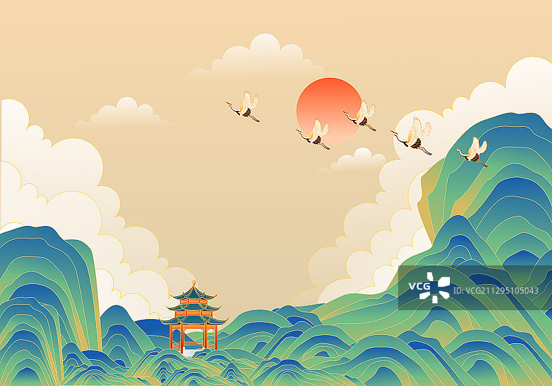 国潮山水仙鹤矢量插画图片素材
