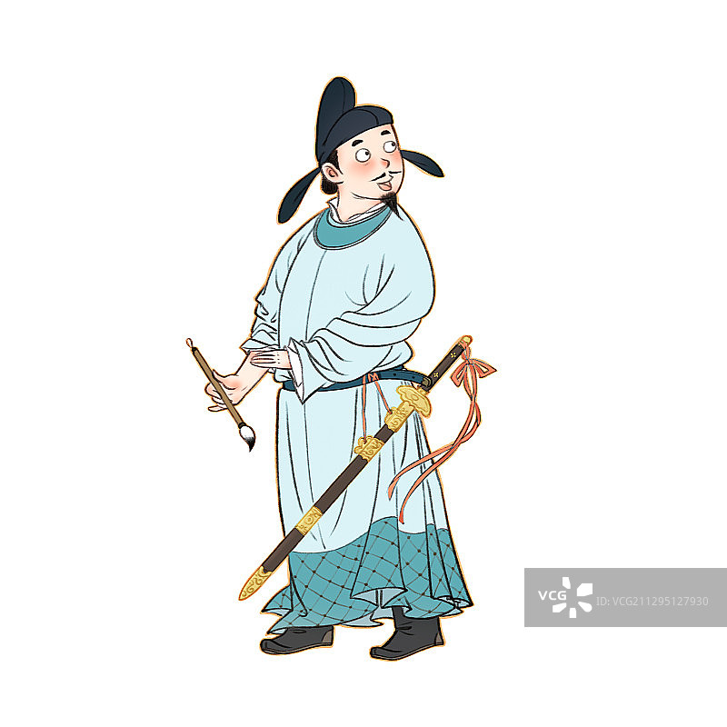 李白醉酒跨剑写诗回首望儿童插画图片素材